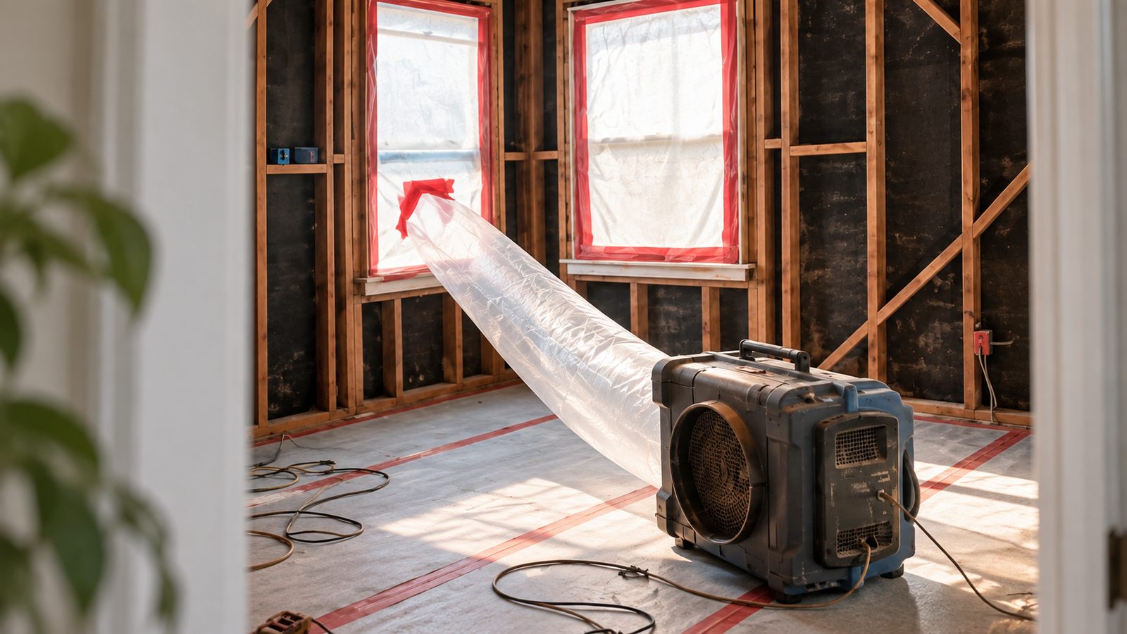 An air scrubber running inside a stripped room, ducted out through a sealed window.