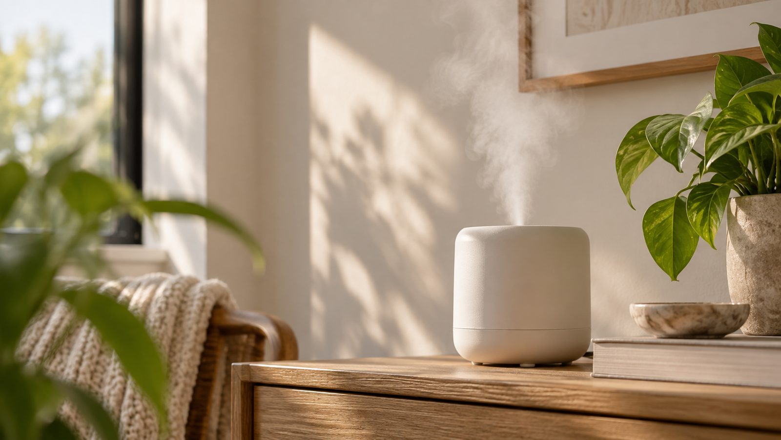 A humidifier releasing vapour on a wooden dresser in a sunlit room.