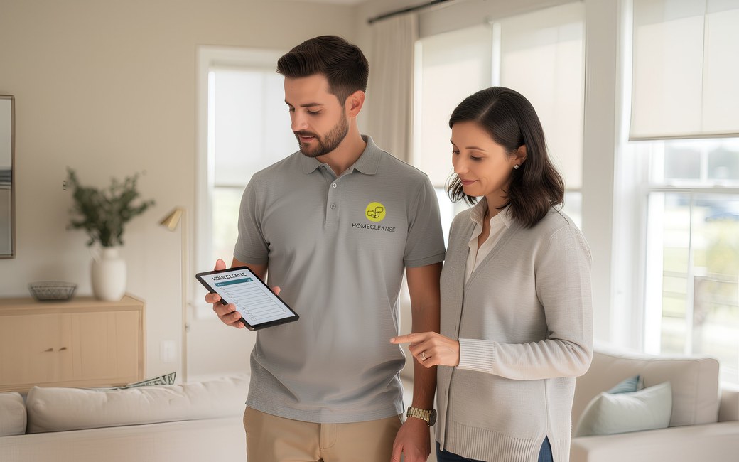 HomeCleanse technician going over findings on a tablet with a homeowner in her living room HomeCleanse technician going over findings on a tablet with a homeowner in her living room