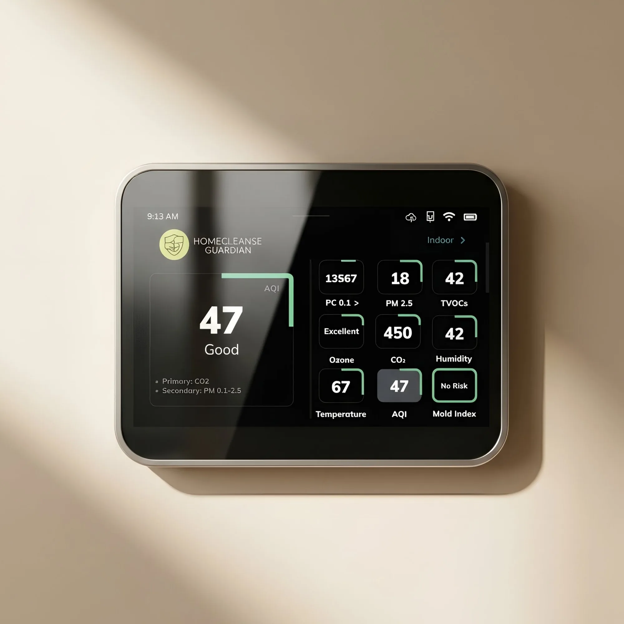 The HomeCleanse Guardian monitor on a wall, showing indoor readings.