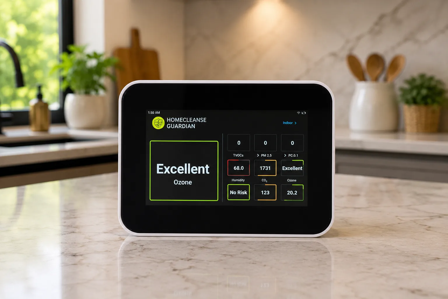 HomeCleanse Guardian air quality monitor on a kitchen counter