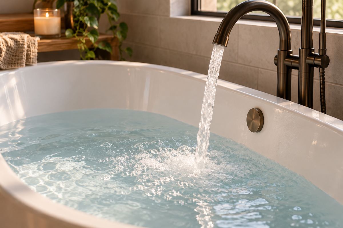 Bathtub filling with water from a running faucet Bathtub filling with water from a running faucet