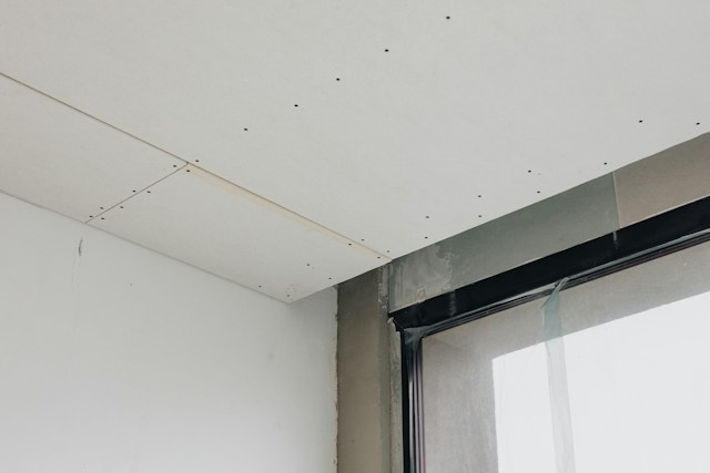 Water stain spreading across a white ceiling near a window Water stain spreading across a white ceiling near a window