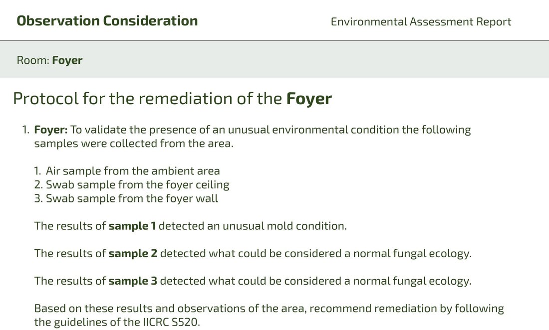 Report excerpt for the foyer: the air sample detected an unusual mold condition and remediation is recommended.
