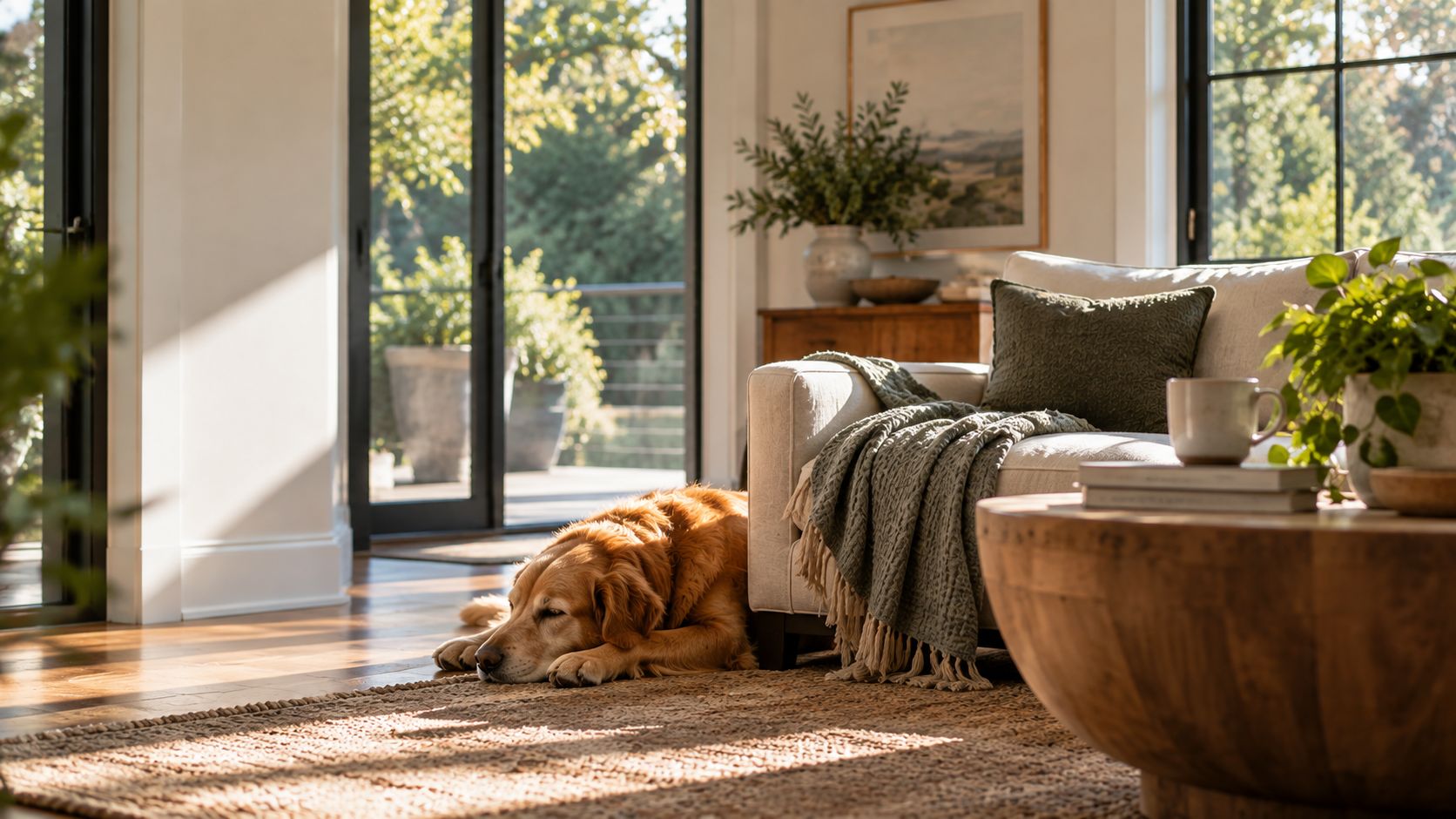 A golden retriever asleep on a rug in a bright living room.